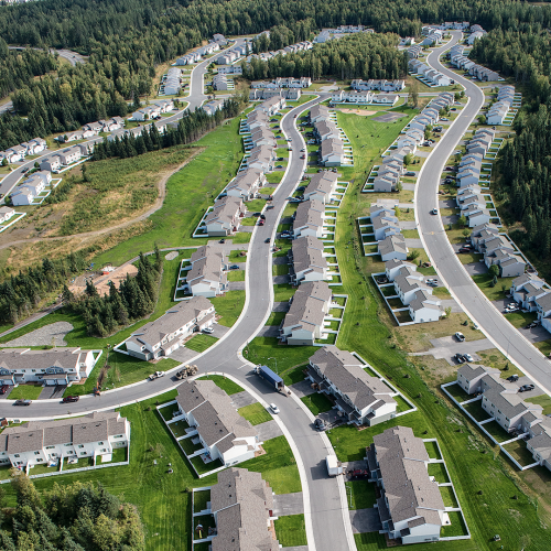 aerial image of completed military family housing at Joint Base Elemendorf-Richardson, Alaska
